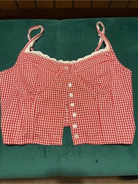 Red Gingham Button-Front Crop Tank Top